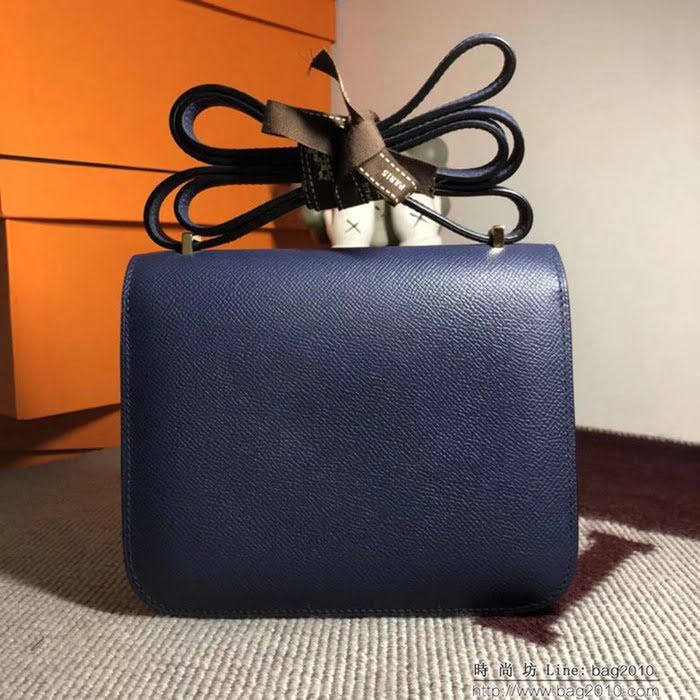 HERMES愛馬仕 空姐包 constance 午夜藍 EPSOM 18cm 金扣 蠟線縫製 單肩斜挎包  Ama1513